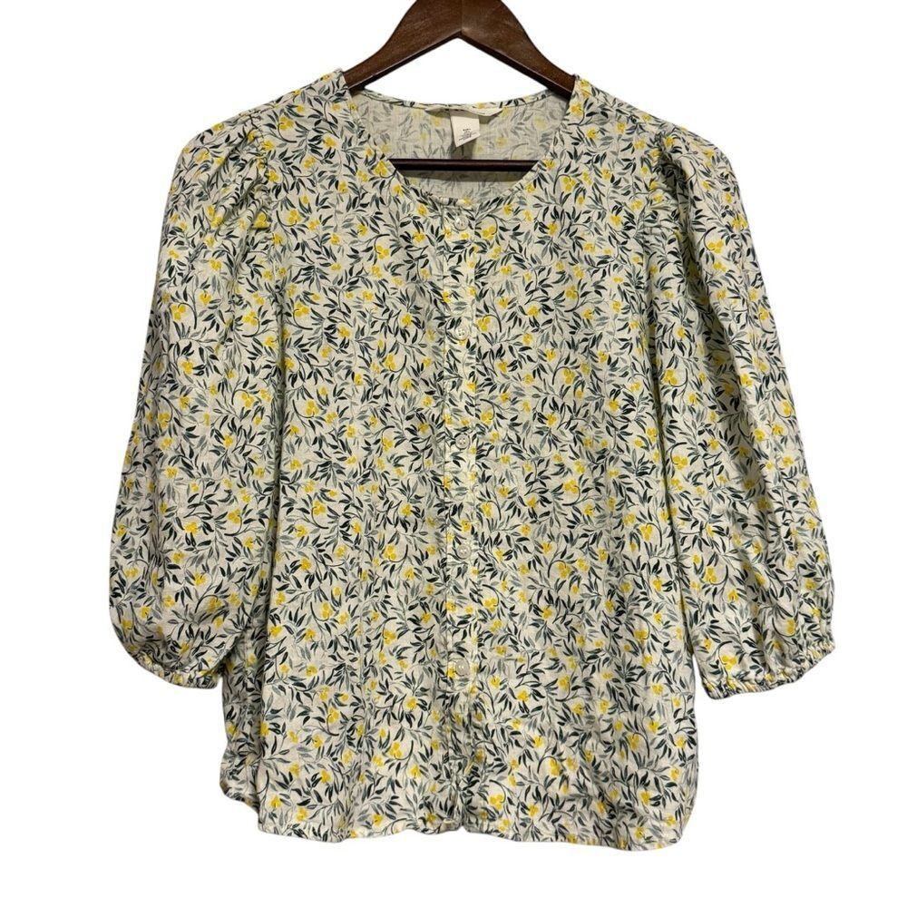 H&M Linen Blend Yellow Floral Print Top